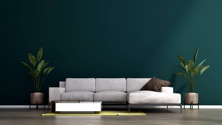 The green wall living room interior design.Wall mockup in scandinavian interior. Interior wall mockup. Wall art. 3d rendering, 3d illustrationの写真素材
