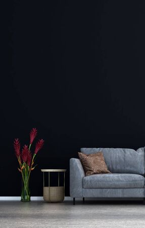 The minimal black wall living room interior design.Wall mockup in scandinavian interior. Interior...