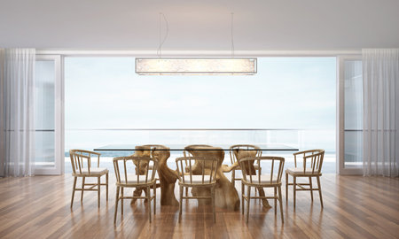 Interior design mock up of dining room with stylish modular beige chairs, wooden floor, plants, neutral room divider, decoration and elegant accessories, Modern home decor, white wallの写真素材