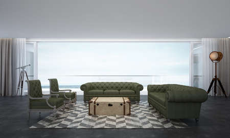 Modern cozy living room interior and sea view backgroundの写真素材