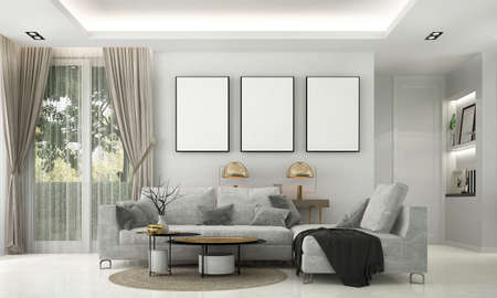 Modern cozy living room and blue wall texture background interior designの写真素材