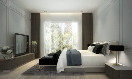 The bedroom interior design and garden view