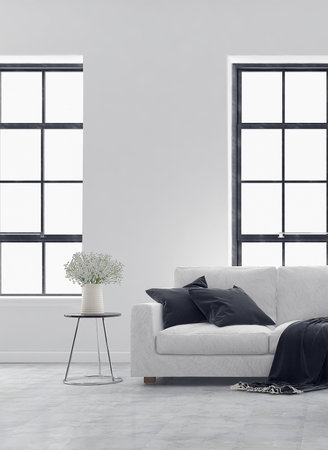 Modern cozy living room and windows wall texture background interior design / 3D renderingの写真素材