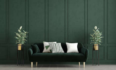 Modern cozy living room interior design and green pattern wall backgroundの写真素材