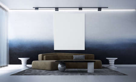 Modern cozy interior design mock up of living room and blue wall pattern background/3D renderingの写真素材