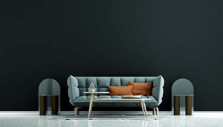 Modern cozy interior design mock up of living room and black wall pattern background/3D renderingの写真素材