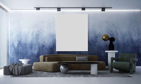 Modern lounge interior design mock up of living room and blue wall pattern background/3D rendering