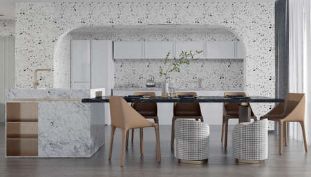Interior design of white dining room with stylish modular wooden chairs, wooden tables, plants, neutral room divider, decoration and elegant accessories. Modern tropical home decor,3d renderの写真素材