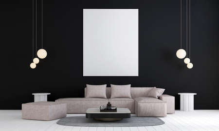 Living decor ideas and sofa furniture mock up interior design and black empty wall texture backgroundの写真素材