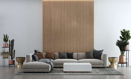 Modern cozy home and decoration and living room interior design and empty wood wall pattern backgroundの写真素材