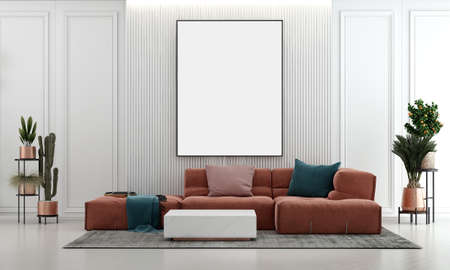 Modern cozy home and decoration and living room interior design and empty white pattern wall backgroundの写真素材