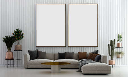 Modern cozy home and decoration and living room interior design and empty wall pattern background and canvas frameの写真素材