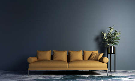 Modern cozy living room and decorative mock up yellow sofa and empty wall texture background interior.の写真素材