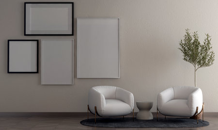 Modern living room with two armchairs and blank picture frames. 3D renderingの写真素材