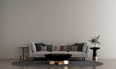 Modern living room interior with white sofa and coffee table. 3d renderingの写真素材