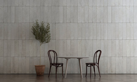 Modern living room interior with white brick wall and wooden table. 3d renderingの写真素材