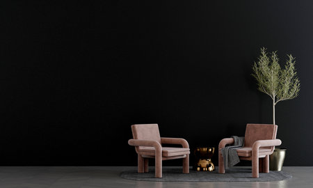 Interior of modern living room with black walls, concrete floor, brown armchairs and fireplace. 3d renderingの写真素材