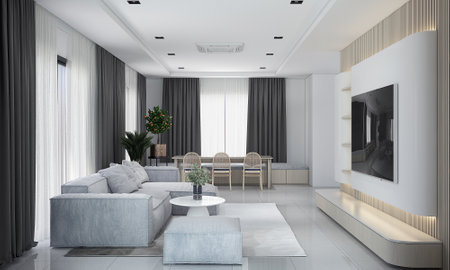 3d render of modern living room with tv and sofa in the roomの写真素材