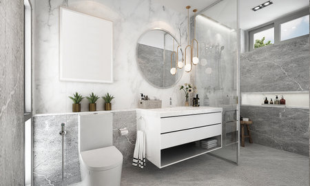 3d rendering of a modern bathroom with white marble walls, concrete floorの写真素材