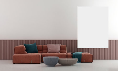 Interior of modern living room with white walls, concrete floor, comfortable brown sofa standing near round coffee table and vertical mock up poster. 3d renderingの写真素材