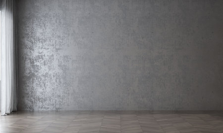 Empty room with gray concrete wall and wooden floor. 3d renderingの写真素材