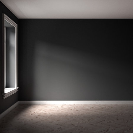 Empty room with black walls, wooden floor and window. 3d renderingの写真素材