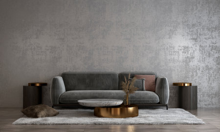 Interior of modern living room with grey sofa 3d render illustrationの写真素材