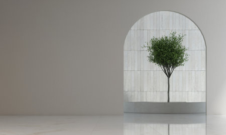 3d rendering of a window with a tree on the wall.の写真素材