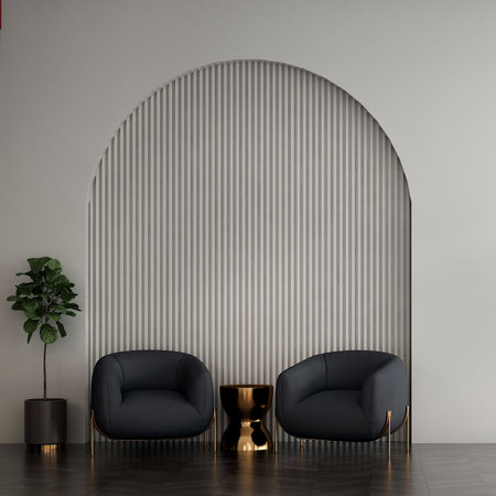 Interior of modern living room with gray walls, wooden floor, black armchairs and round coffee table. 3d renderの写真素材