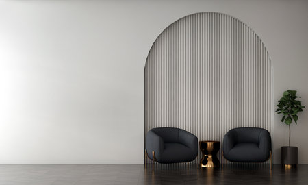 Interior of modern living room with black armchair and white wall - renderingの写真素材