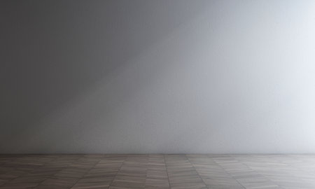 3D render of empty room with white wall and wooden floor.の写真素材