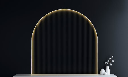 Minimalist interior with golden arch and vases. 3d renderの写真素材