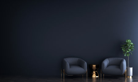 Interior of modern living room with blue walls, concrete floor, black armchairs and coffee table. 3d renderの写真素材