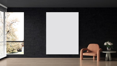 Modern bright interiors apartment with mockup poster frame 3D rendering illustrationの写真素材