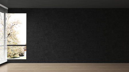 Empty room with black wall and wooden floor. 3D Renderingの写真素材