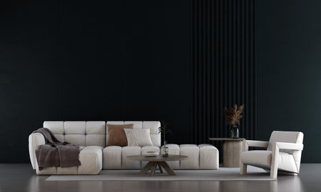Interior of modern living room with black walls, concrete floor, comfortable white sofa and coffee table. 3d renderingの写真素材