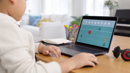 Young asia student kid remotely learn online at home in unplugged coding in STEM, STEAM, algorithms...