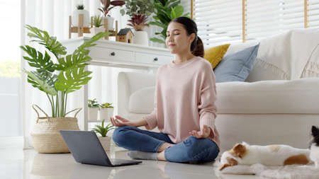 Attractive beautiful young asia female close eyes maditate self care break stress relief from work or stay quarantine in online yoga class community, wellness wellbeing with home houseplant lifestyle.の写真素材