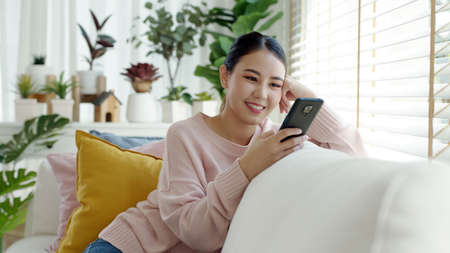 Young attractive beautiful casual asia female lady student look at cellphone play social media sit at sofa couch living room feel relax comfort carefree with green houseplant at cozy home apartment.の写真素材