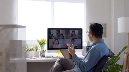 Group of asia team people chat online with casual work at home office self learn in job career plan...