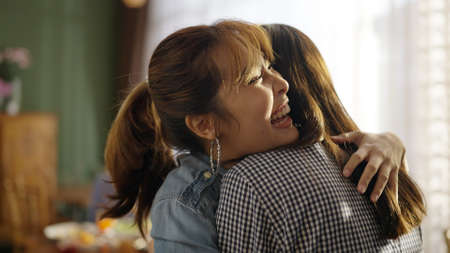 Asia female casual teen laugh smile walk enter to cafe pub bar or coffee shop store open after post...