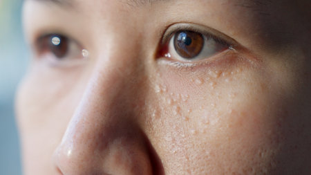 Syringoma milia milium cysts or seborrheic keratosis on asia people female face body care. Close-up...