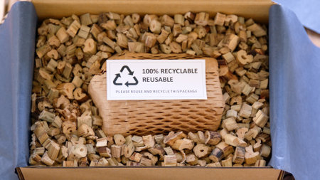 Net zero waste go green SME use eco friendly care sign plastic free symbol packaging carton box wrap paper in small shop retail store. Chva dried water hyacinth on desk reuse packing parcel supplies.の写真素材