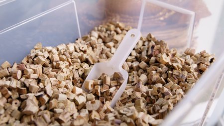 Net zero waste go green SME use eco friendly care sign plastic free symbol packaging carton box wrap paper in small shop retail store. Chva dried water hyacinth on desk reuse packing parcel supplies.の写真素材