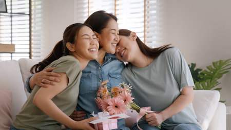 Mother day two grown up child cuddle hug give flower gift box red heart card to mature mum. Love kiss care mom asia middle age adult three people sitting at home sofa happy smile enjoy family time.の写真素材
