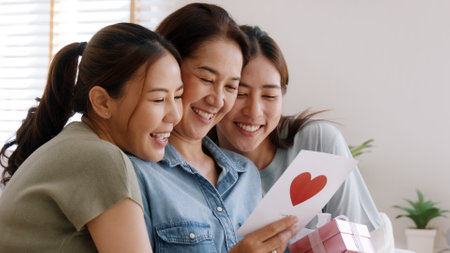 Mother day two grown up child cuddle hug give flower gift box red heart card to mature mum. Love kiss care mom asia middle age adult three people sitting at home sofa happy smile enjoy family time.の写真素材