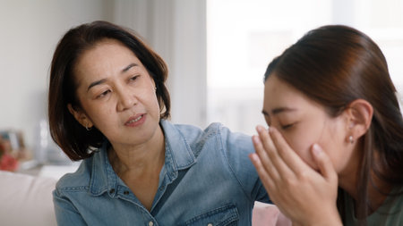 Middle aged asia people old mom love care trust comfort help young teen talk crying stress relief at home. Mum as friend listen adult child woman feel pain sad worry of broken heart life crisis issuesの写真素材
