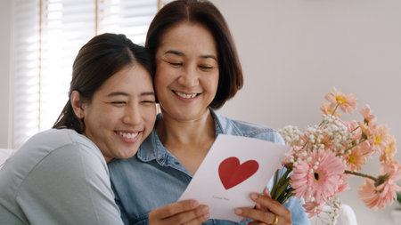 May Mother's day young adult grown up child cuddle hug give flower gift box red heart card to mature middle aged mum. Love kiss care mom asia people sitting at home sofa happy smile enjoy family time.の写真素材