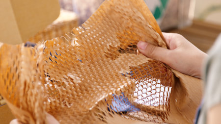 Eco vendor go green packaging parcel carton box in net zero waste store asian seller retail shop....