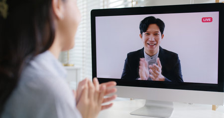 Young adult man asia people give great admire praise online speech coach mentor thumbs up clap hand...